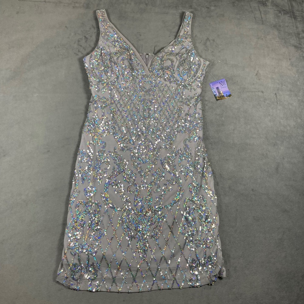 Nightway Womens Silver Sequin Damask V-Neck Sheath Cocktail Dress Size 6 NEW